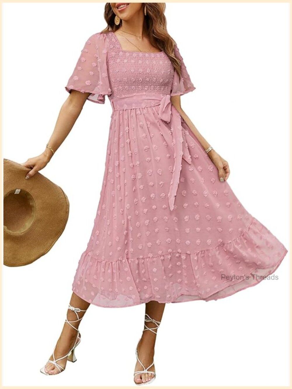Womens Boho Flowy Long Sleeve Square Neck Floral Midi Dress Smocked Spring